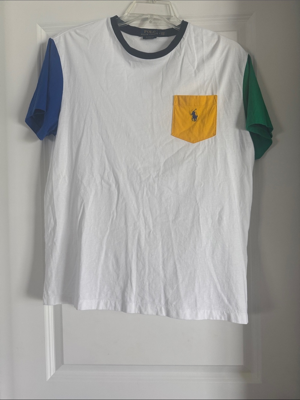 Polo by Ralph Lauren White Tee with Blue & Green Sleeves and Yellow Pocket(1070)